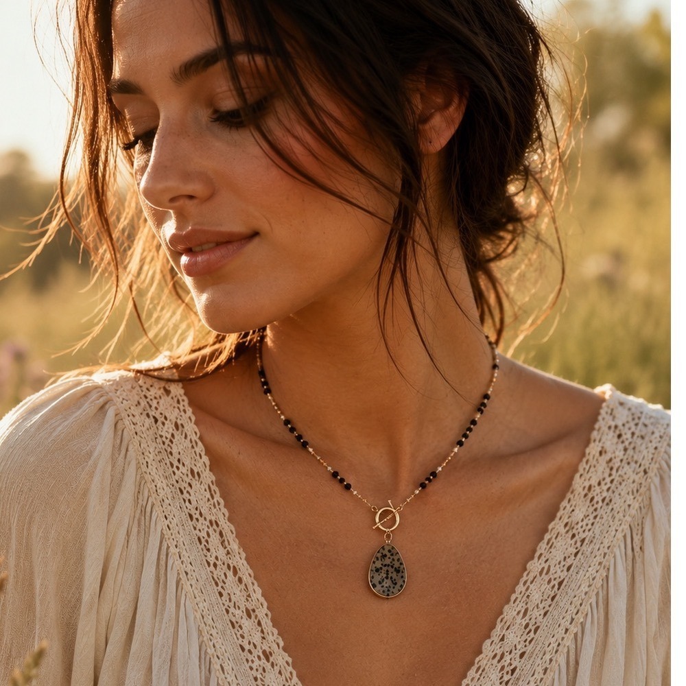 Dalmatian Jasper Teardrop Pendant Necklace Gold Beaded Toggle Clasp Boho Women